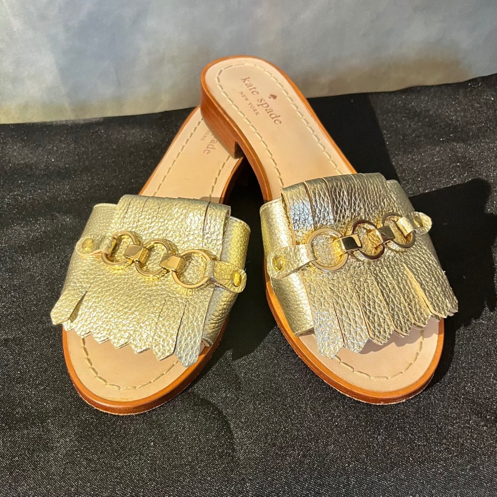 Kate Spade Brie GoldLeather Fringe Chain Slide Sandals Mules Women's Size 6.5M